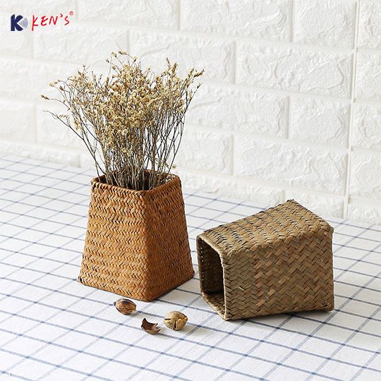 桌面整理收纳筐收纳盒 草编花器插花篮 （K001100）