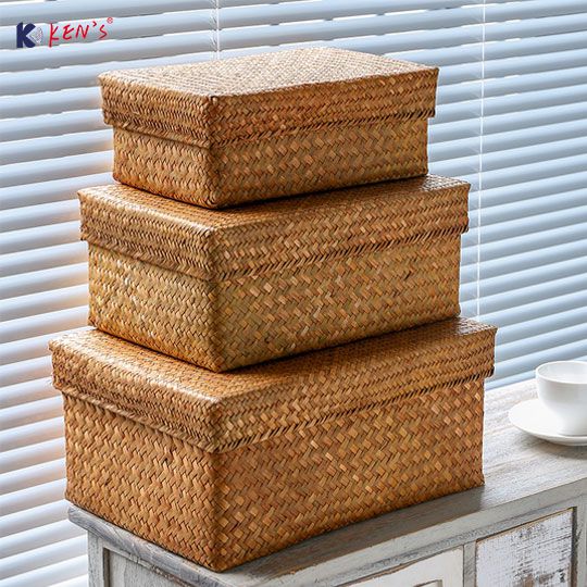 蒲草编方形带盖收纳盒 （K002476）