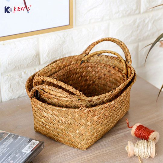 Flat seagrass basket with handle S/3（2482）
