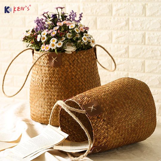 Flat seagrass basket with sisal rope handle （2485）