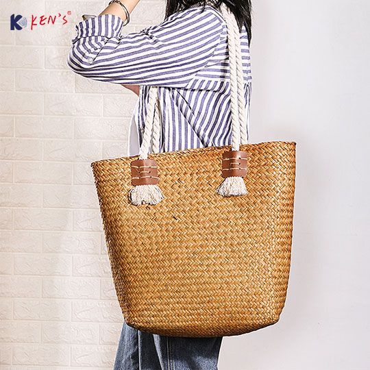 Flat seagrass fashion hand bag with cotton rope （2487）