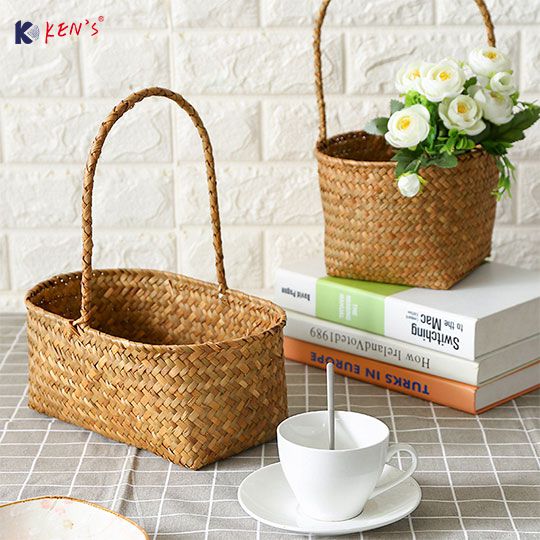 椭圆形草编提篮 田园风创意编织花篮 水果提篮 （K002512）