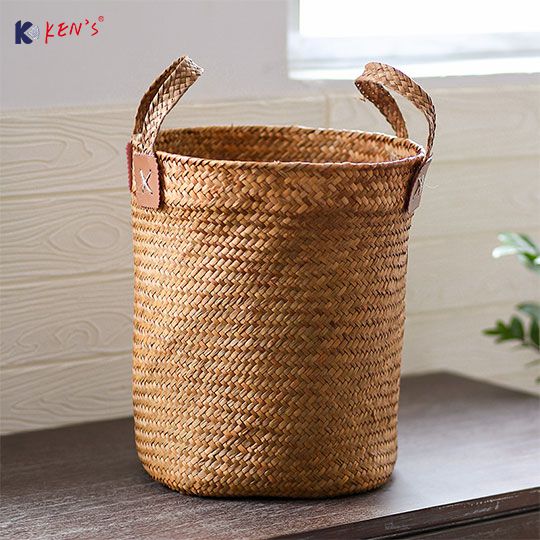 日式草编收纳桶家用编织脏衣桶带双耳草编收纳筐 （K002513）