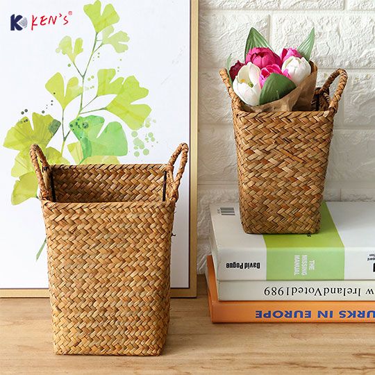 海草编带耳收纳篮矩形插花篮创意仿真花花器 （K002517）