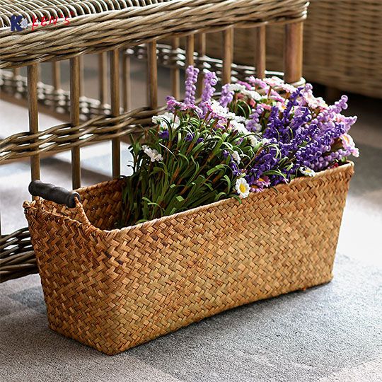 Flat seagrass basket with wooden handle S/4 (2532)