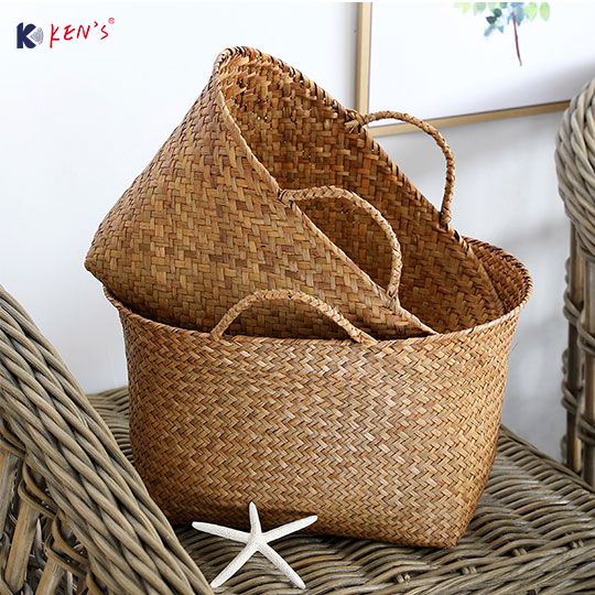 Flat seagrass storage basket with handle S/4 （2561）