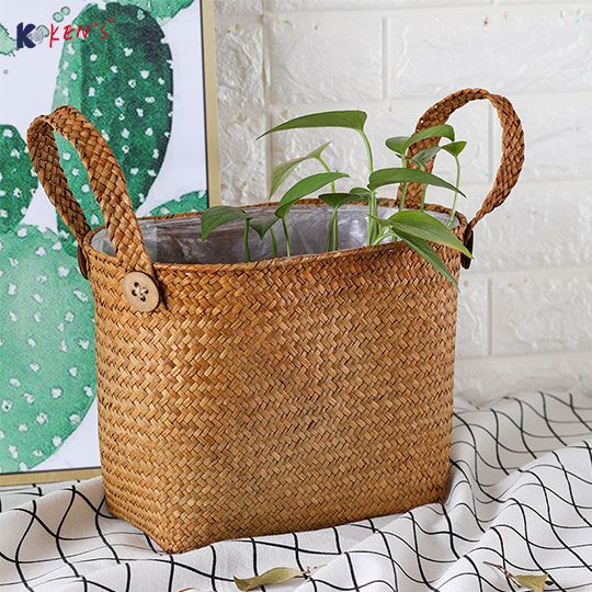 Flat seagrass basket with plastic liner S/2 (2573)