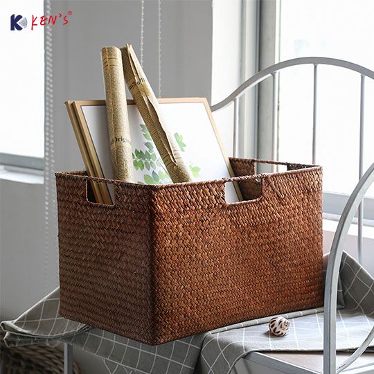 Flat seagrass storage basket with handle S/2 （2741）