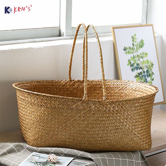 Flat seagrass basket with foldable handle（2300）