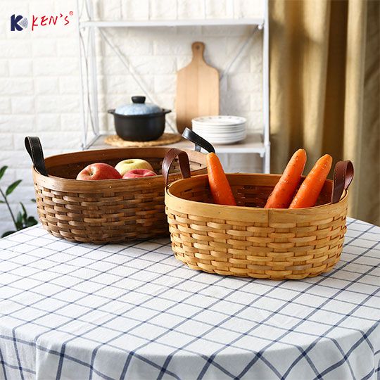 木编皮把手圆口收纳篮（K002428）