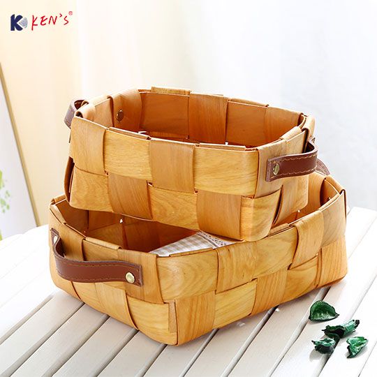Wooden chips storage basket with leather handle S/2 （2429）
