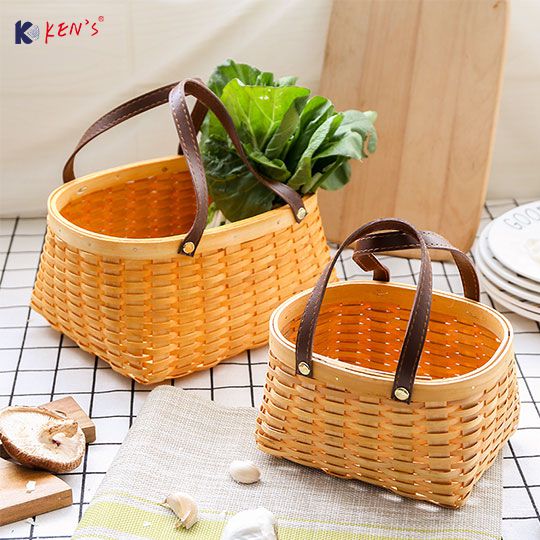 Wooden chips storage basket with leather handle S/2 (2452)