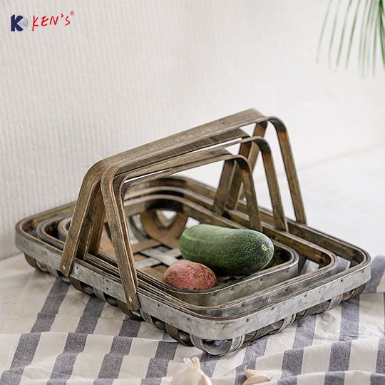 Bamboo/Metal storage tray with foldable handle S/3（2498）