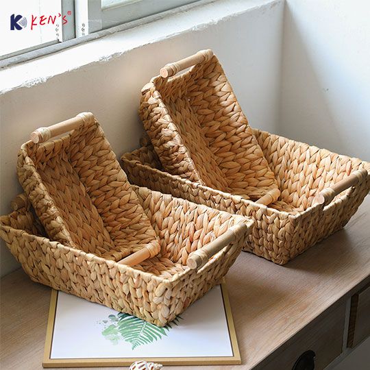 Water hyacinth storage basket with wooden handle S/4 （2658）