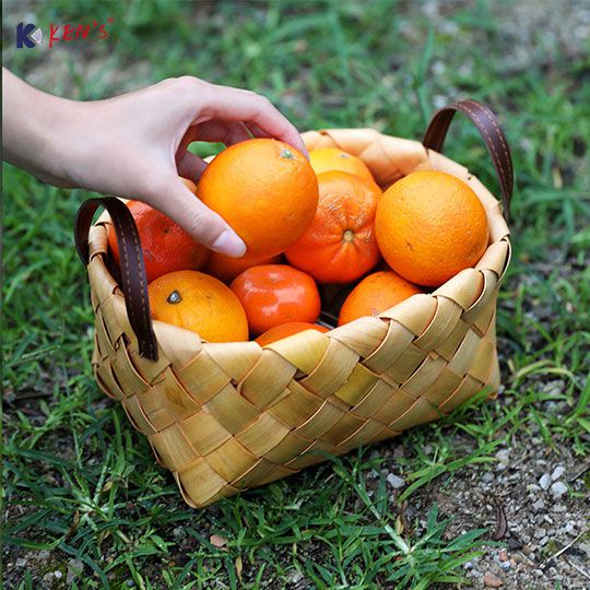 Wooden chips storage basket with leather handle S/2 （2768）