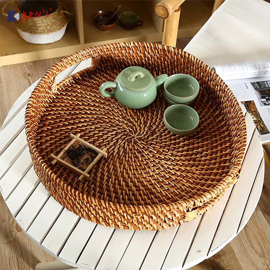 手工进口圆形藤编茶盘（K001090）
