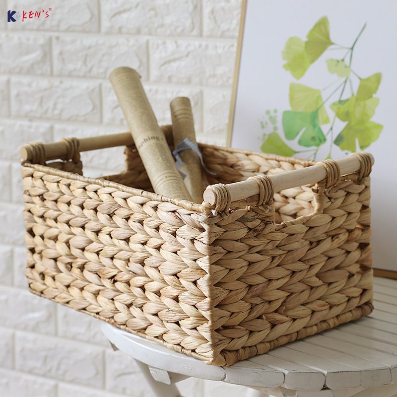 Water hyacinth basket with wooden handle S/2 （2708）